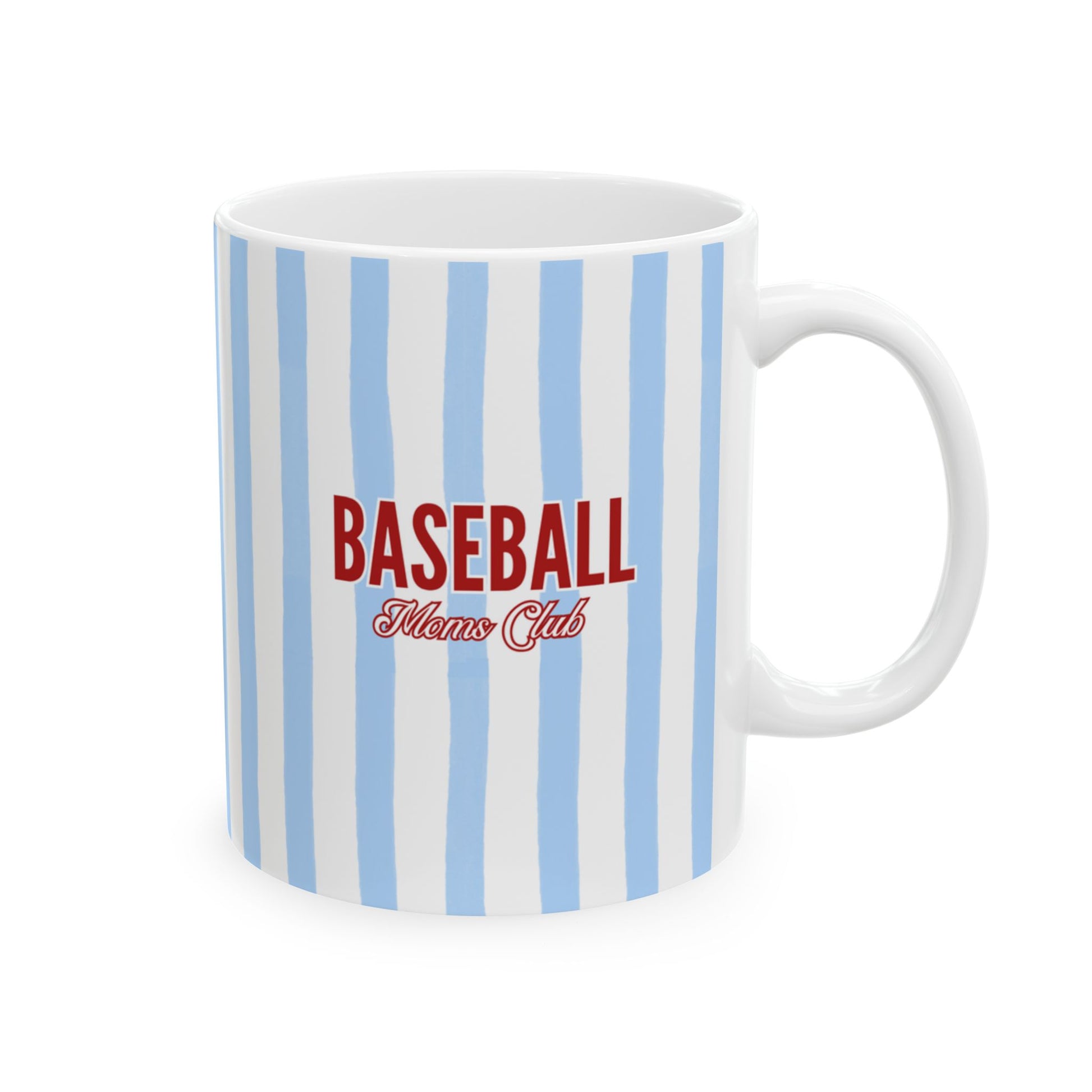 Baseball Moms Club ceramic coffee mug with vintage blue baseball pinstripes.