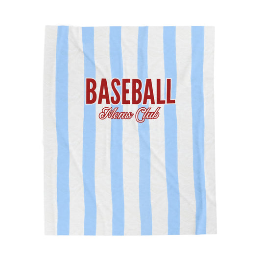 Baseball Moms Club velveteen blanket featuring vintage blue and white baseball pinstripe pattern.