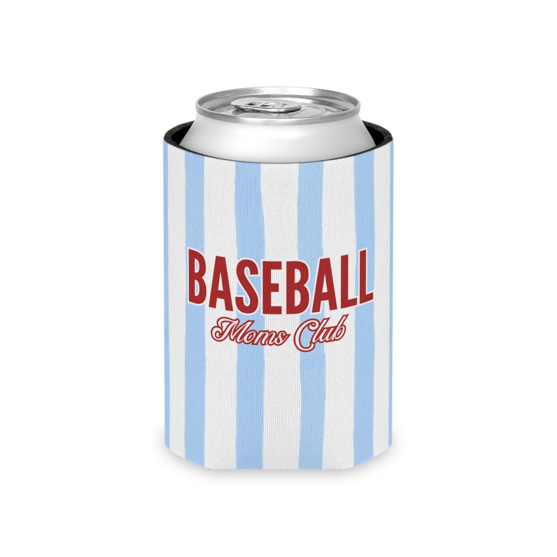 Can cooler with blue and white striped design and 'Baseball Moms Club' text on a white background