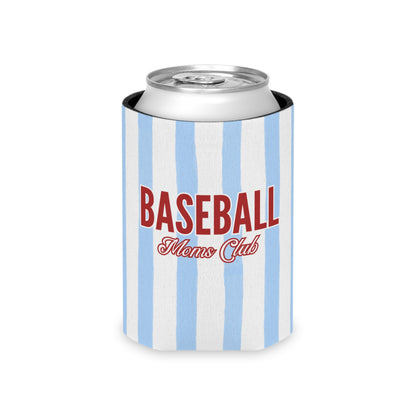 Can cooler with blue and white striped design and 'Baseball Moms Club' text on a white background