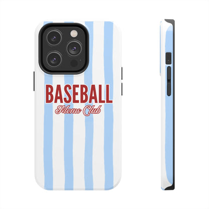 Phone case with blue and white striped pattern and 'Baseball Moms Club' text