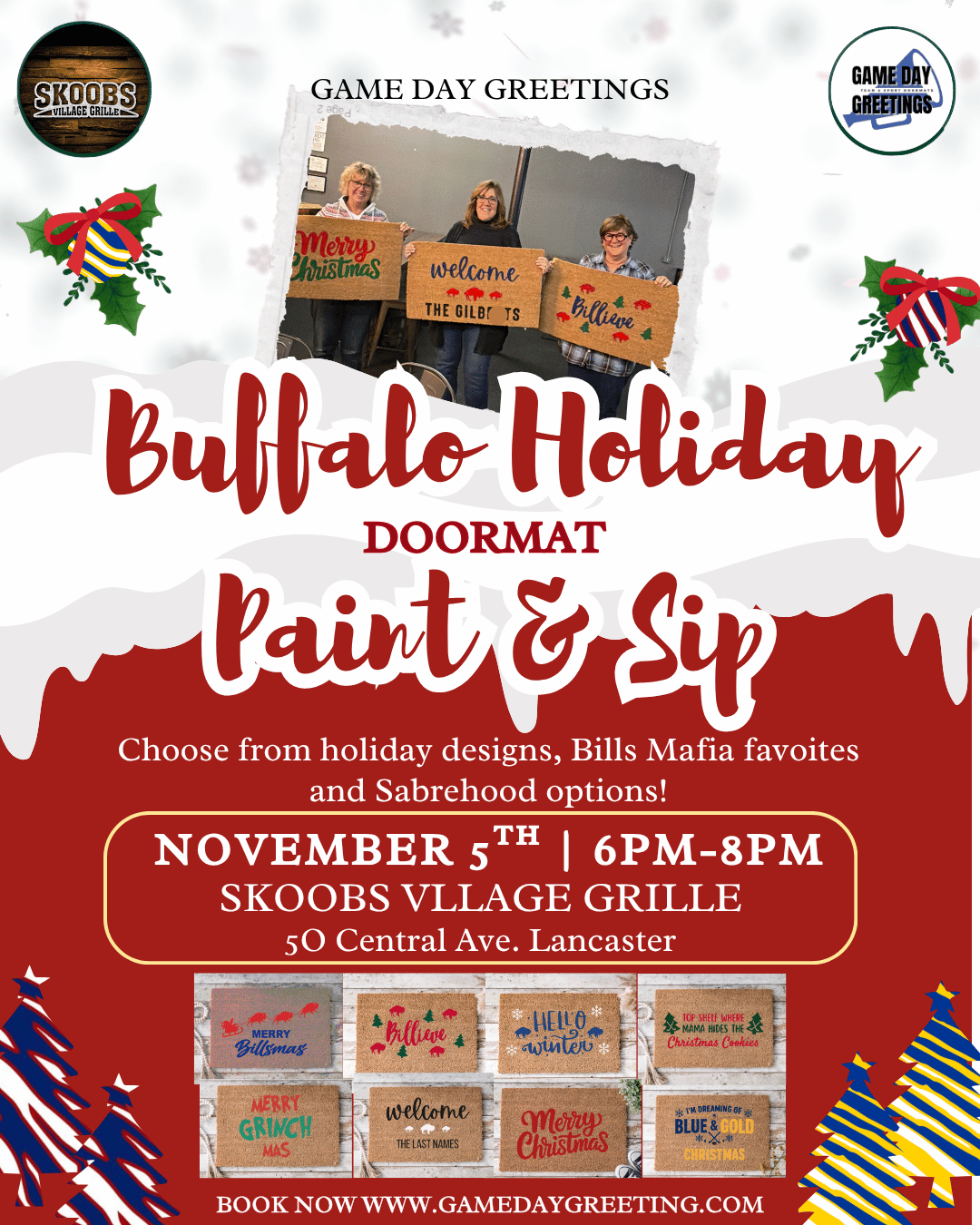 Buffalo Holiday Doormat Paint & Sip @ Skoobs Village Grille 11/5